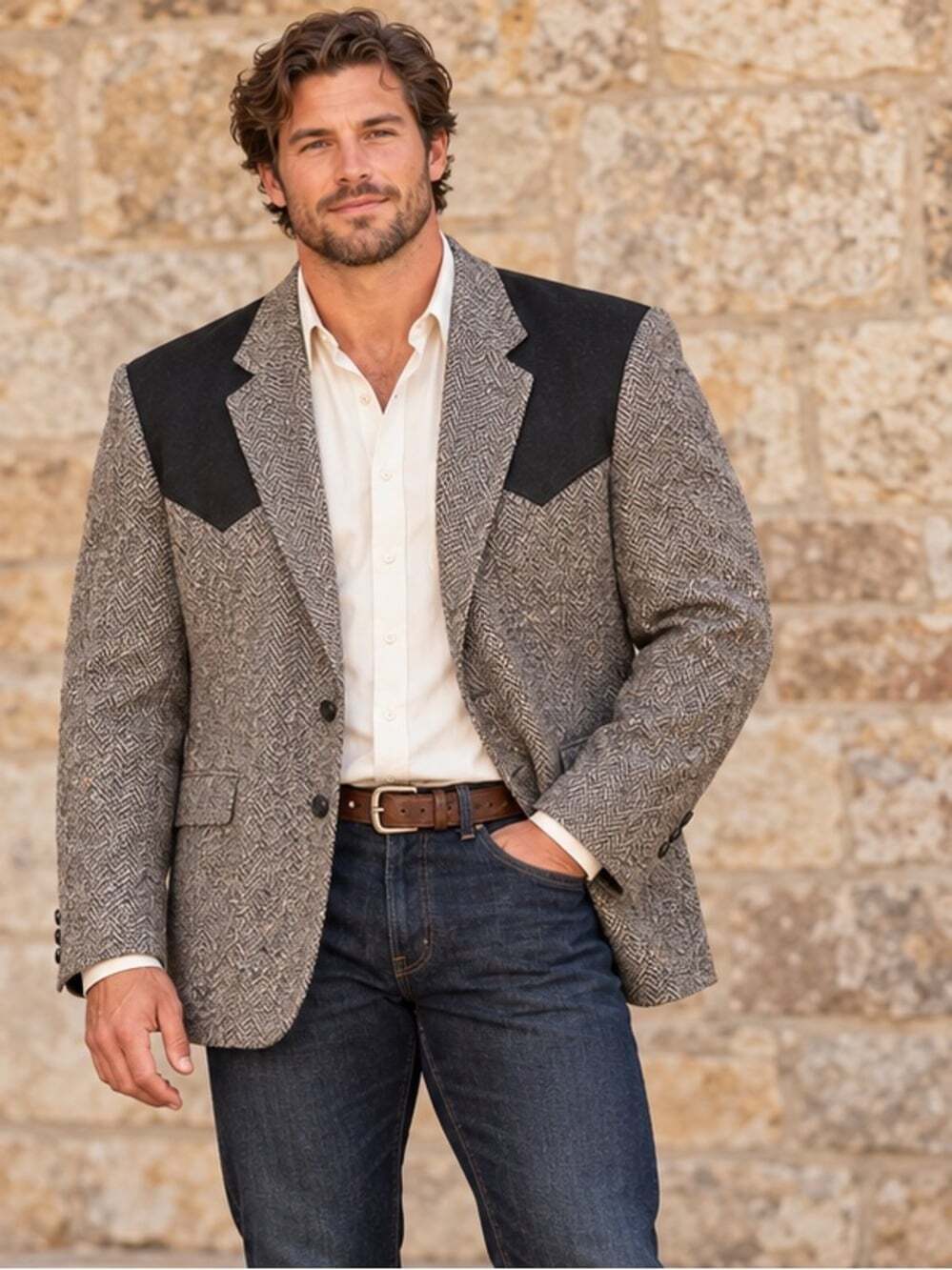 Circle S Western Rodeo Ranch Cowboy Herringbone Wool Blazer Landman Mens 46R US